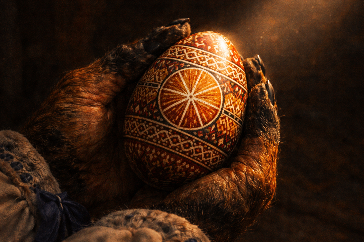 Delicate fox paws holding a finished pysanka — each egg takes hours; some patterns take a lifetime